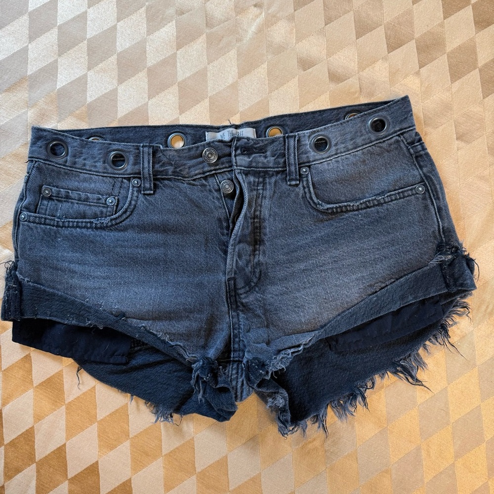 Free People Black Denim Cutoff Shorts with Frayed Hem & Gromet Waistband Size 27